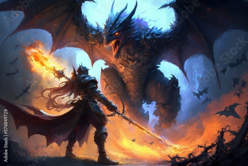 The epic scene of the battle of a knight with a dragon. Fairy tale atmosphere. AI generated