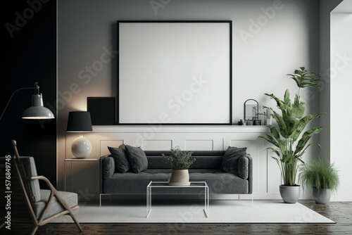 Mockup poster frame on the wall of living room. Modern interior design. Background with selective focus. AI generated