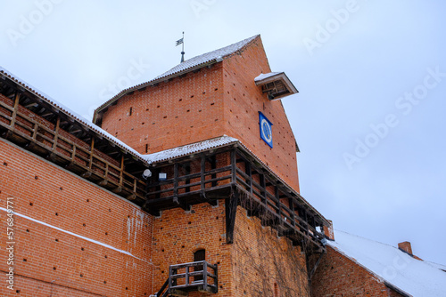 Medieval Turaida Castle complex in winter. Red brick buildings. in the Vidzeme region of Latvia. Gaujas national park.
