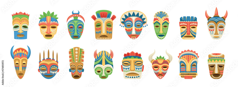 Set of ritual tribal masks. Ceremonial accessories of Aztec or African culture in form of animal muzzle or unusual faces with ornaments. Cartoon flat vector collection isolated on white background