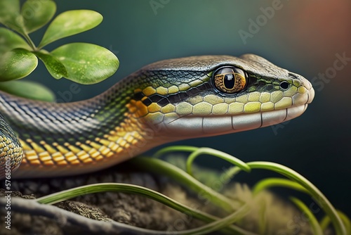 illustration, an asian vine snake resting on a branch, generative ai