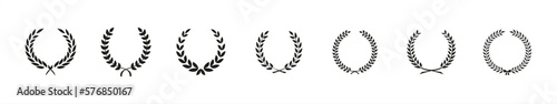 Set black silhouette circular laurel foliate, wheat and oak wreaths depicting an award, achievement, heraldry. Emblem floral greek branch flat style - stock vector.