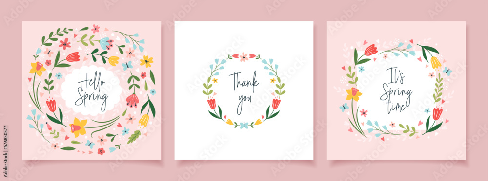 Hello spring! Set of spring greeting cards with flowers and hand drawn lettering. Lovely floral backgrounds. Vector templates for banner, invitation, poster, social media.