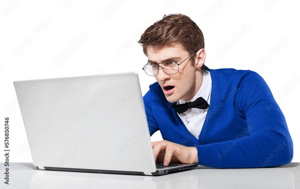 Caucasian man in glasses using of laptop computer
