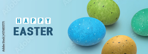 Easter banner with matte colorful eggs on blue background.