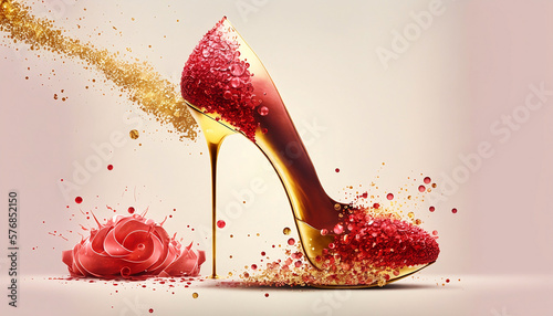 gold stiletto heels with red bokeh decorations, gold glitter, Generative AI,