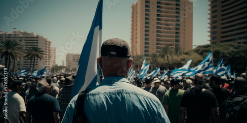 Crowd protest in Israel against the current government with the flags of the country of Israel, the conflict with Palestine, a peaceful march of citizens for freedom democracy, elections.Generative AI photo