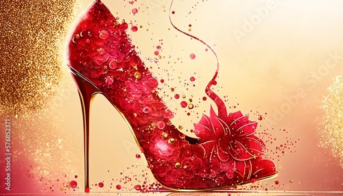 A red stiletto heel decorated with red glitter and surrounded by gold glitter and bokeh, to celebrate Women's Day on March 8th. Generative AI,