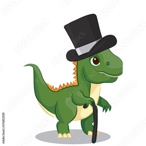 Fototapeta Naklejka Na Ścianę i Meble -  Happy cute cartoon dinosaur with vintage dress hat and cane