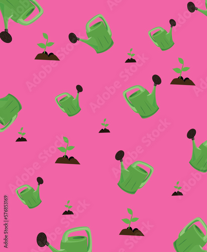 Background with tools for caring for plants in the garden and in the garden. A watering can for watering and irrigation with water, a shovel for loosening the soil and transplanting plants.
