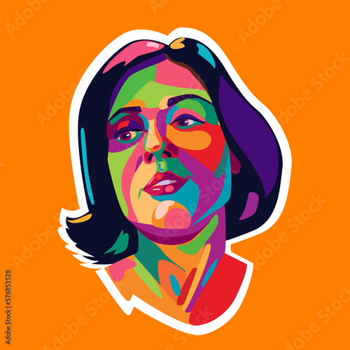 Colorful portrait of a girl in pop art style on an orange background. Vector. Poster.