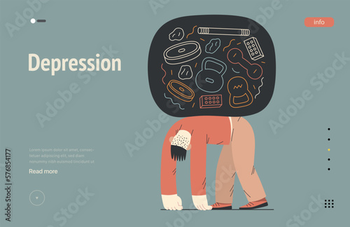 Mental disorders web template. Depression - modern flat vector illustration of tired man suffering under the weight of problems and obligations. People emotional, psychological, mental traumas concept