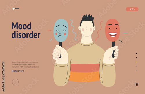 Mental disorders web template. Mood disorder - modern flat vector illustration of a man choosing between two mood extrems. People emotional, psychological, mental traumas concept