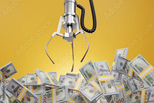 Robotic claw of grab machine is grasping stacks of one hundred US dollar bills. Illustration of the concept of earning profit, successful investment and business competition