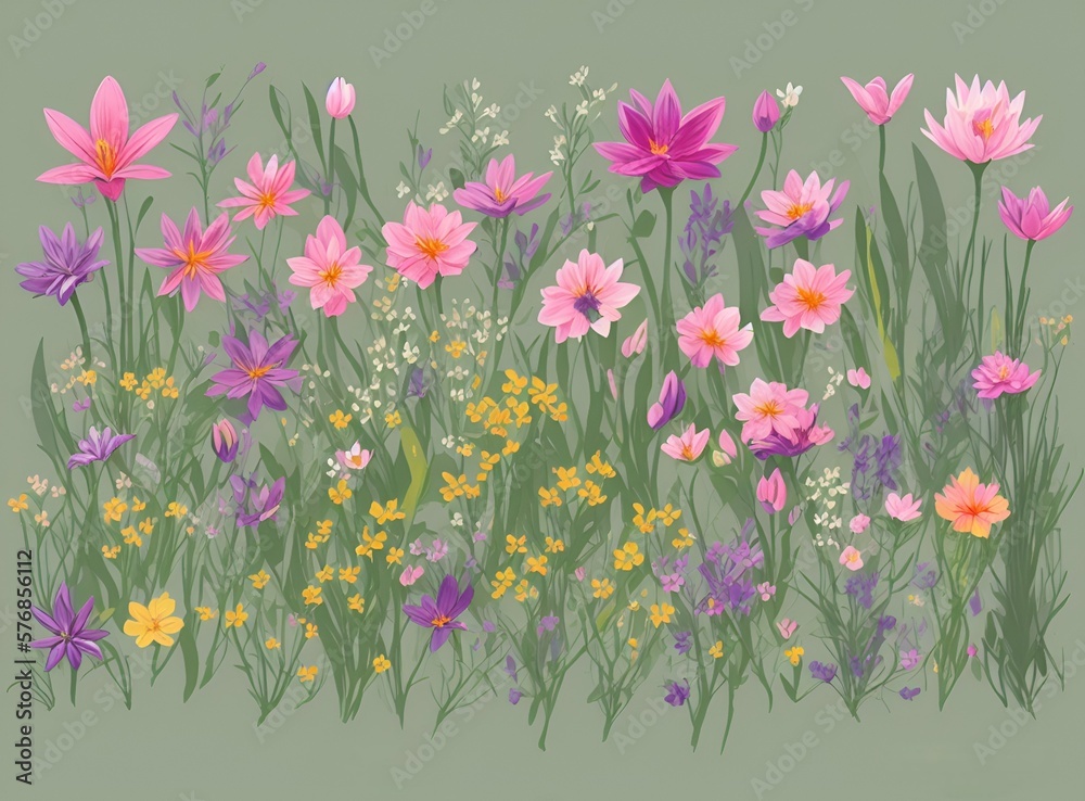 Digital Illustration of Gorgeous Spring Flowers with Botanic Art Aesthetic Generated by AI