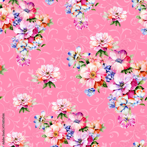 Flowers pattern.Silk scarf design, fashion textile.Seamless pattern	