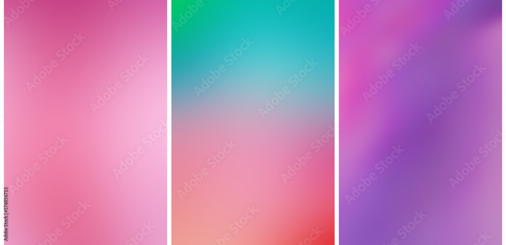 Bright gradient backgrounds - pink, turquoise, purple. Set of 3 vertical images, banner