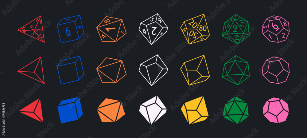 Set of dnd dice for rpg tabletop games. Collection of polyhedral dices with different sides and colors. D4, d6, d8, d10, d12, d20 and d100. Modern vector illustration - obrazy, fototapety, plakaty 