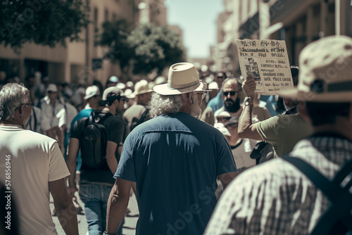 Crowd protest in Israel against the current government with placards of the country of Israel, the conflict with Palestine, a peaceful march of citizens for freedom and democracy. Generative AI