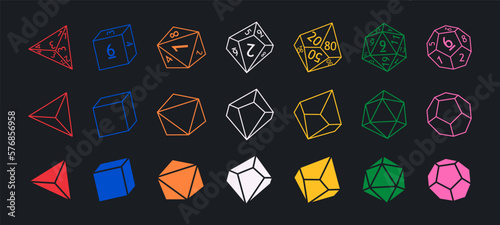 Set of dnd dice for rpg tabletop games. Collection of polyhedral dices with different sides and colors. D4, d6, d8, d10, d12, d20 and d100. Modern vector illustration photo