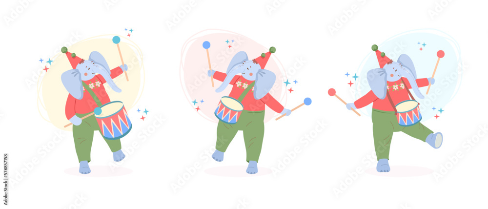 Cute three plush elephants in festive hats march at carnival in various poses and drum on drums. Set. Vector children's illustration of bright colors in retro style. Cute three plush elephants in festive hats march at carnival in various poses and drum on drums. Set. Vector children's illustration of bright colors in retro style.
