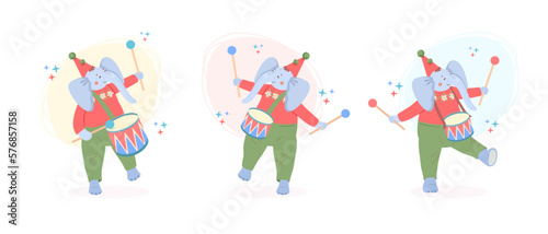 Cute three plush elephants in festive hats march at carnival in various poses and drum on drums. Set. Vector children's illustration of bright colors in retro style.