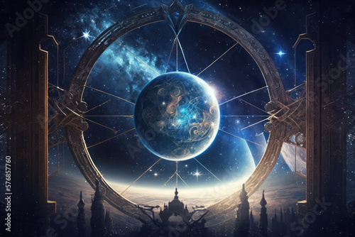 Zodiac symbols and sacred temple backdrop, astrology, alchemy, magic, sorcery and crystals enigmatic structure.