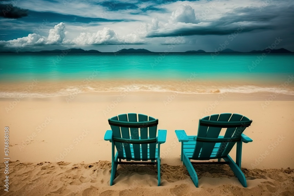illustration, two beach chairs on the sand, ai generative