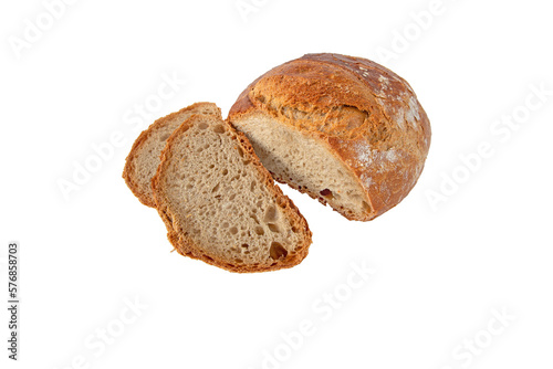 Brown sourdough bread loaf and slices isolated transparent png. Porous bread pulp and crispy crust. photo