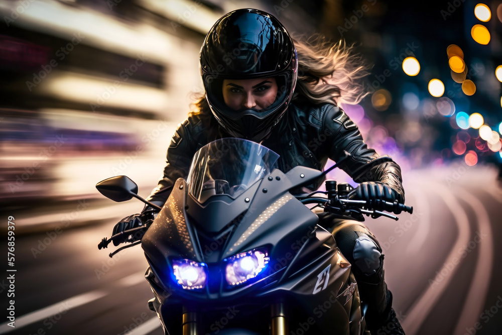Photorealistic 3d illustration of futuristic biker woman in cyberpunk style. Girl in a futuristic outfit with neon lights riding a cyberpunk motorcycle. Biker girl night scene. Generative AI
