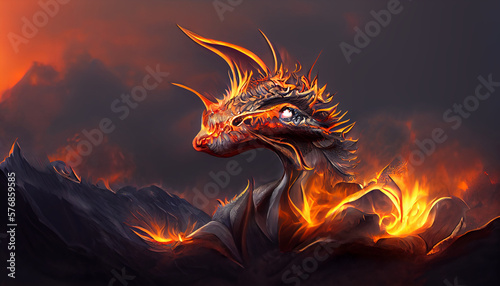 Giant red fire dragon Generative AI © Gergely