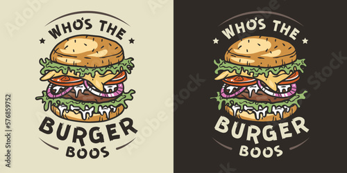 Retro burger with meat  cheese and vegetable for logo or emblem. American fast food or hamburger. USA food with bun  lettuce and cutlet for cafe or restaurant.