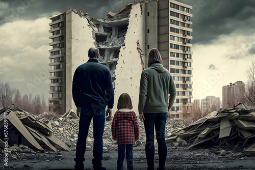 A family of people man woman and children stand on the street and look at the ruined house after the earthquake, the loss of the house, the destroyed city after the bomb hit. Generative AI photo