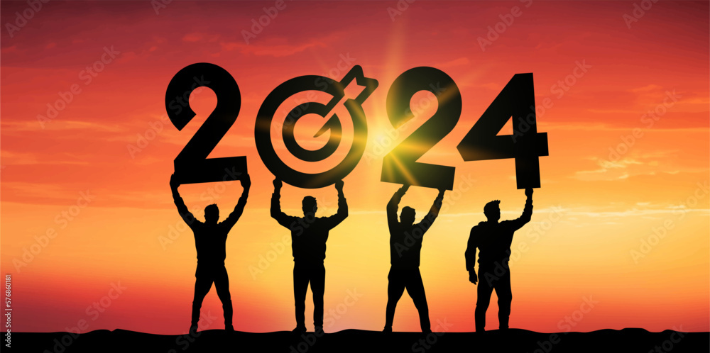Black silhouette people holding numbers 2024 with colorful dramatic sky at sunset. Hit the target. Concept for success in the future goal and passing time. Vector illustration. Black silhouette people holding numbers 2024 with colorful dramatic sky at sunset. Hit the target. Concept for success in the future goal and passing time. Vector illustration.