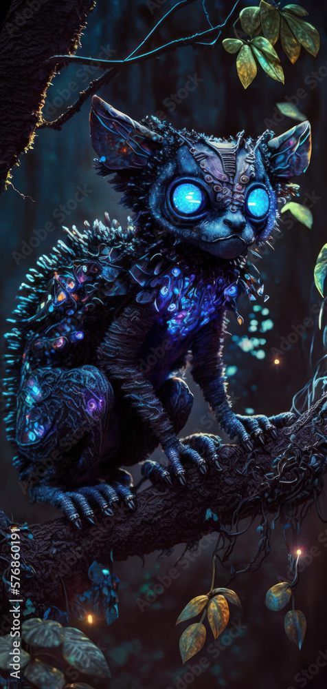 Fototapeta premium alien lemur climbing on tree branches of dark jungle