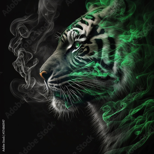 Kennels of muzzle of tiger with green eyes are dissolving in smoke on black. Fantastic unusual background, magical original amazing wallpaper