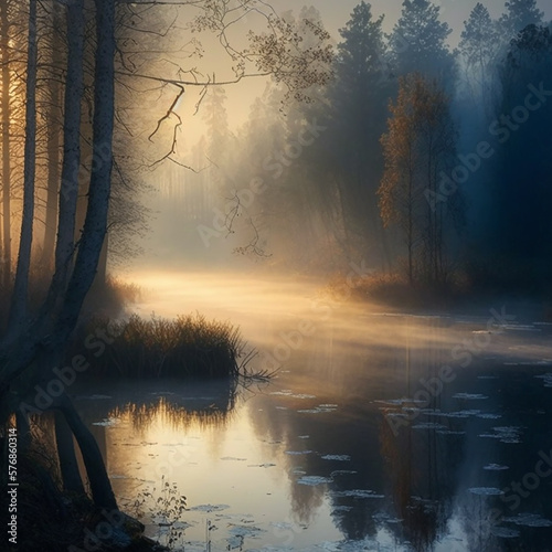 Beautiful natural landscape, early morning, dawn, forest, fog over the river