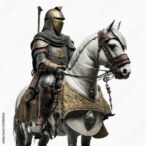 Medieval knight in ancient metal armor on a horse, clothes of medieval warrior, armor helmet, isolated on white, close-up, ai generative