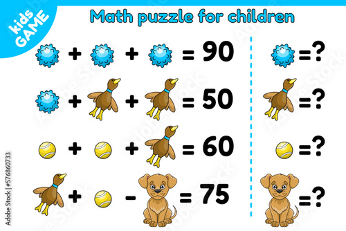 Math puzzle for children. Educational game for preschool and school kids. Logical exercises for training brain. Calculate numbers. Study algebra. Cartoon dog toys and puppy. Vector illustrations.