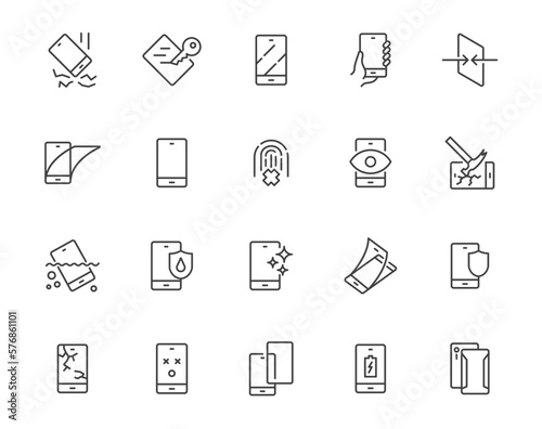 Phone shield protect line icon set. Smartphone single glass scratch protect screen accessory vector line icon.