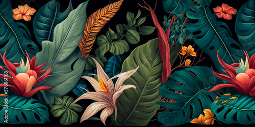 Fototapeta Naklejka Na Ścianę i Meble -  Jungle flower pattern with tropical palm leaves and flowers on dark background, mother's day card concept, women's day, wedding. Design with flowers space for text, copy space. Generative AI