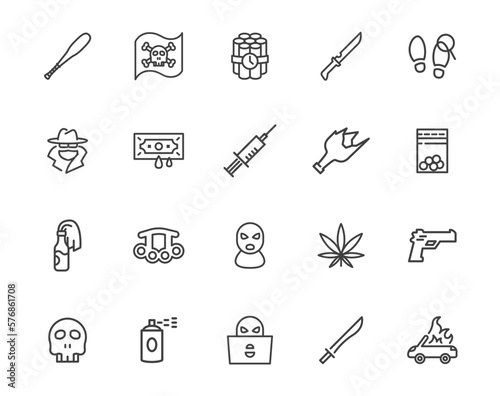 Crime line icon set. Thief gun weapon violence criminal vector icon pack. Robbery knife crime icon set.