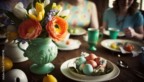  Easter Brunch Festivities  - a festive and colorful wallpaper background featuring an image of a delicious Easter brunch with floral accents and family togetherness  Generative AI