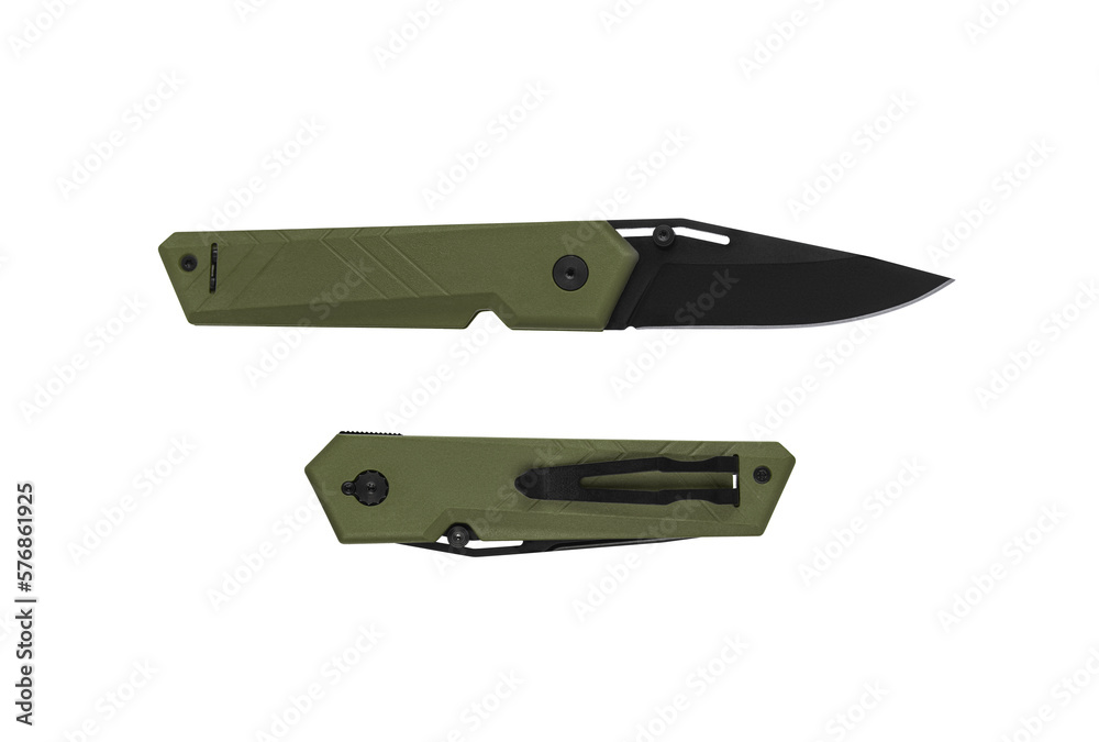 Pocket folding knife isolate on white back. Compact metal sharp knife with a folding blade. Pocket folding knife isolate on white back. Compact metal sharp knife with a folding blade.