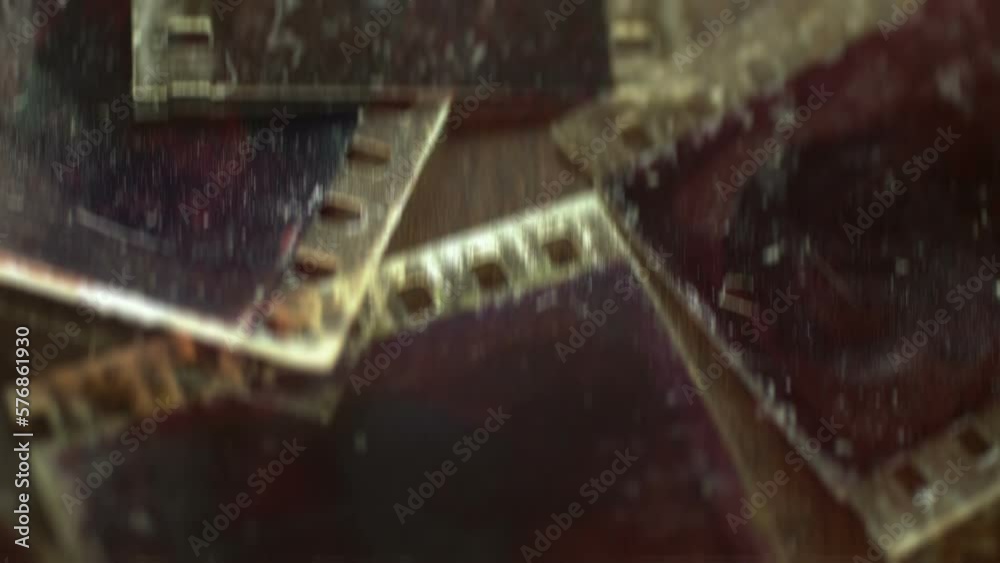 Close up of old vintage slide films glitch effect