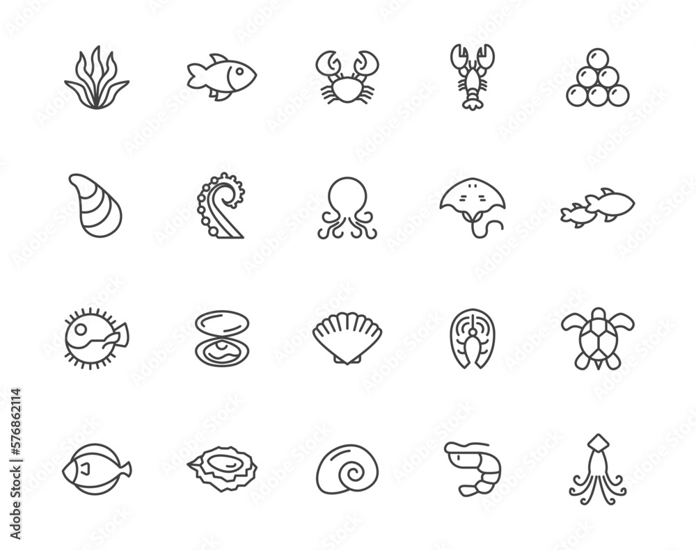 Obraz premium Fish seafood vector line icon set. Crab oyster shellfish lobster octopus stroke outline icon pack, pictogram.