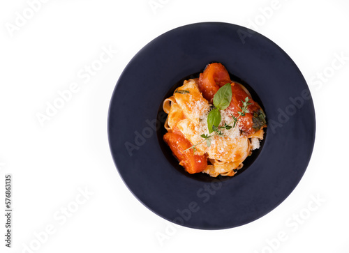 pasta with salmon on white background for restaurant menu