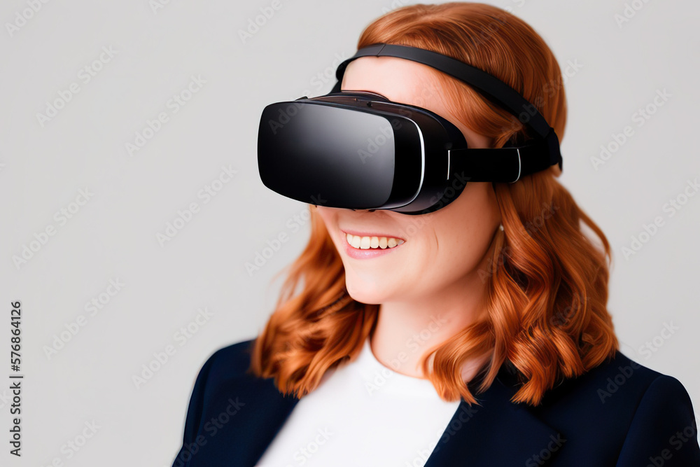 Red-haired woman wearing virtual reality vr headset portrait Red-haired woman wearing virtual reality vr headset portrait