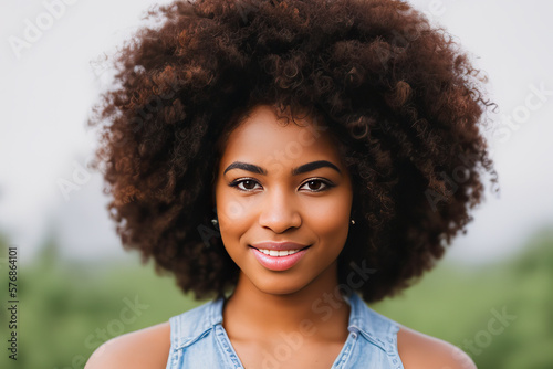 Beauty portrait of African American woman with clean healthy skin on beige background. Smiling dreamy beautiful black woman. Curly hair in afro style © Nedrofly