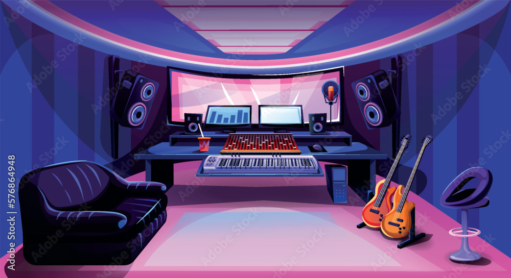 Music studio room. Recording workspace interior with synthesizer